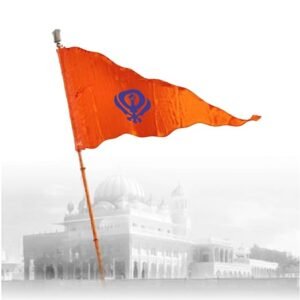 La Jarden LARGE 3x4.5 feet Saffron / Orange Sikh Gurudwara flag, Holy triangular made of silk / satin cloth, Printed with traditional symbol of the Khalsa Panth alongside the "IK ONKAR" in royal blue 1 nos. (36x54 inches)