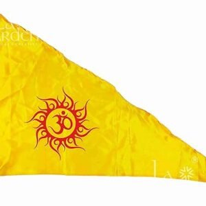 La Jarden LARGE 3x4.5 feet ॐ Aum/Om printed in RED on silky satin Yellow triangle flag (पवित्र ओम ध्वज), for Yoga, Meditation, Om shanti bhawan, dhwaj for temple, religious purpose, Flag for home, Om ka jhanda -1 nos (Large 36x54 inches)