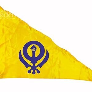 La Jarden Yellow Medium Size Sikh Gurudwara flag, Holy triangular made of silk / satin cloth, Printed with traditional symbol of the Khalsa Panth alongside the "IK ONKAR" in royal blue 1 nos. (26X40 inches)