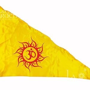 La Jarden Aum/Om printed in RED on silky satin Yellow triangle flag (पीला झंडा), for Yoga, Meditation, Om shanti bhawan, dhwaj for temple, religious purpose, Om ka jhanda -1 nos (small 26x40in)