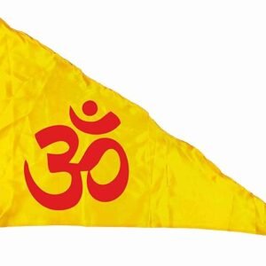 La Jarden Flag, Bold Red Om Printed on Silky Satin Yellow Fabric for Yoga, Meditation, Dhwaj for Temple, House, Religious & All Purpose Flag 1 nos. 26x40 Inches (Medium Size Yellow Flag)