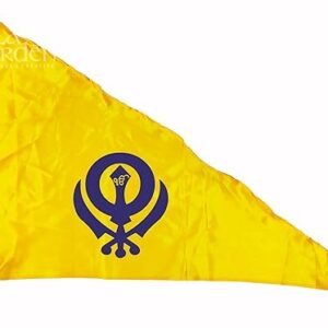 La Jarden Yellow Sikh Gurudwara flag 3x4.5 feet, Holy triangular made of silk/satin cloth, Printed with traditional symbol of the Khalsa Panth alongside the "IK ONKAR" in royal blue 1 nos. (36x54 inches)