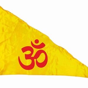La Jarden Flag, Bold Red Om Printed on Silky Satin Yellow Fabric for Yoga, Meditation, Dhwaj for Temple, House, Religious & All Purpose Flag 1 nos. 26x40 Inches (Medium Size Yellow Flag)