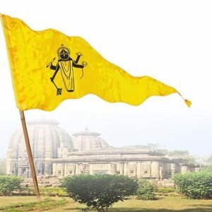 La Jarden GOLDEN YELLOW medium size Shri Vishhnu, shri Hari flag of Silky, Shiny, Satin fabric, God Shri Vishnu yellow triangle flag to ward off negative energy, Baikunthadhipati, Garudadhipati dhwaja, Krishnay, Laxmipati (Pack of 1) 26x40 inches [2.16 x 3.3 feet]